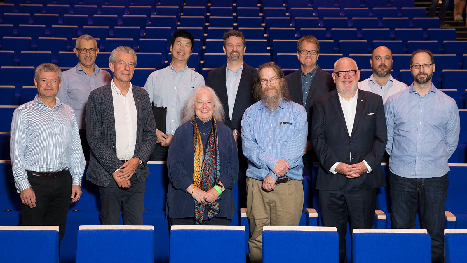 (Front L-R) Peter Exton, Acoustician, Marshall Day Acoustics; Peter Elliott, Principal, Peter Elliott Architecture and Urban Design; Helen Meyer; John Meyer; Paul Grabowsky, Monash University; Pierre Germain, Constellation Design Manager, Meyer Sound. (Back L-R) Robert Joseph, Projects Manager, Marshall Day Entertech; Kheong Sen Lim, Consultant, Marshall Day Entertech; Tim Boot, Director of Digital Product Experience, Meyer Sound; Steve Ellison, Director, Spatial Sound, Meyer Sound; Micah Johnson, Consultant, Marshall Day Entertech