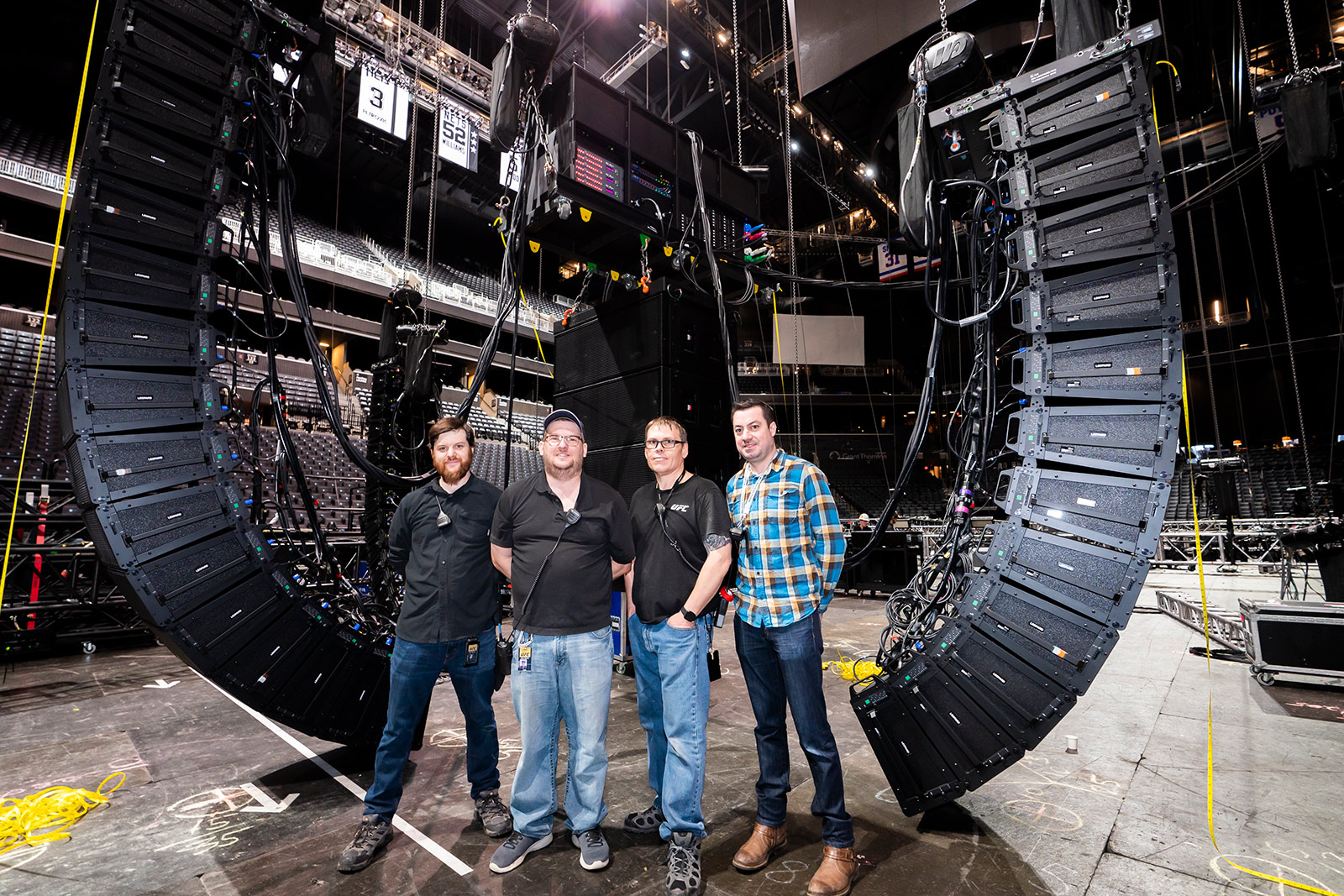 (L to R) Eric Harrison, Systems Integration Technician, Jason Macalik, Systems Engineer, Michael Arnold, PA Technician, Daniel Bonneau, Senior Director of Audio Production & Engineer 