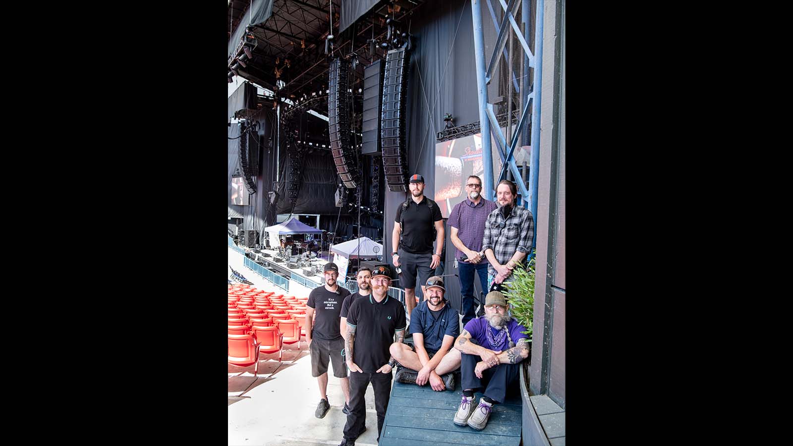 (Top, L-R) Michał Kacunel, Systems Engineer; Derek Featherstone, FOH Engineer/Tour Director; Jason Mills, PA Tech; (Bottom, L-R) Aaron Lauzier, PA Tech; Ross Harris, Recording Engineer/Ground PA Tech; Reilly Williamson, Monitor Tech; Ian Dubois, Monitor Tech; Lonnie Quinn, Band Monitor Engineer (Not pictured: Sean McAdam, PA Tech)