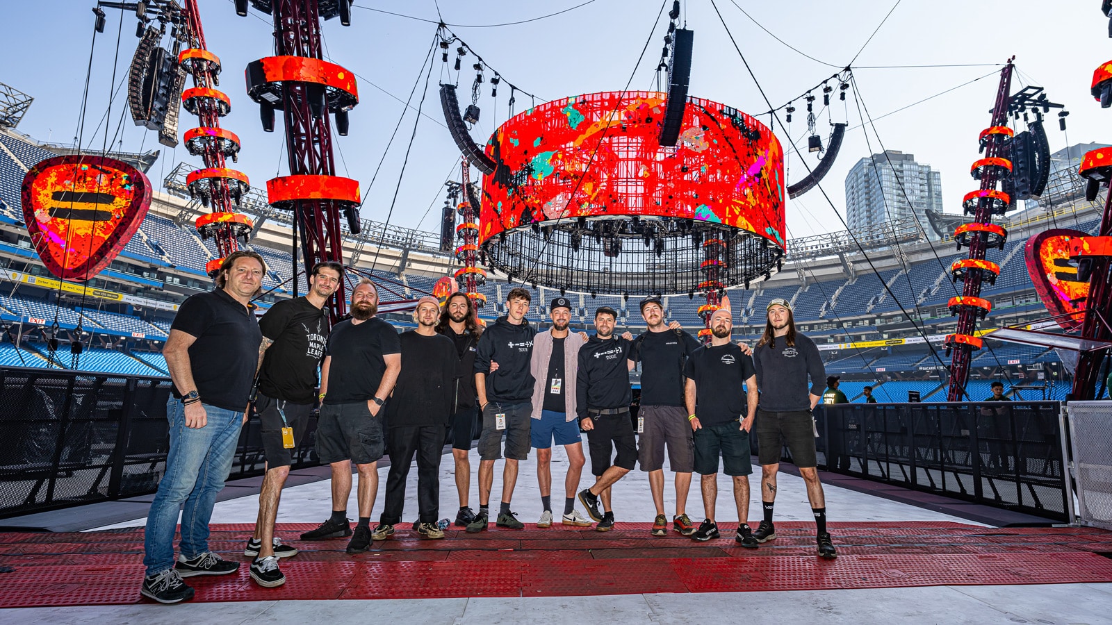 (L-R) Chris Marsh, Production Director; Adam Wells, Audio Systems Engineer; Dave White, Looper Tech / Audio Crew; Martin Worsnip: Audio Crew; Ryan Darling, Audio Crew; Devlin Amory, Audio Crew; Simon Kemp, FOH Engineer; Benny Green, Audio Crew; Richard Cook, Audio Crew Chief; Tim Wann, FOH Tech / Audio Crew; Kyle Harris, Audio Crew